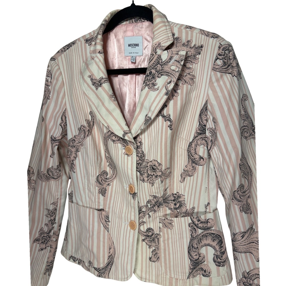 Moschino Jeans Pink Striped Baroque Floral Blazer Jacket Made in Italy US Sz‎ 12